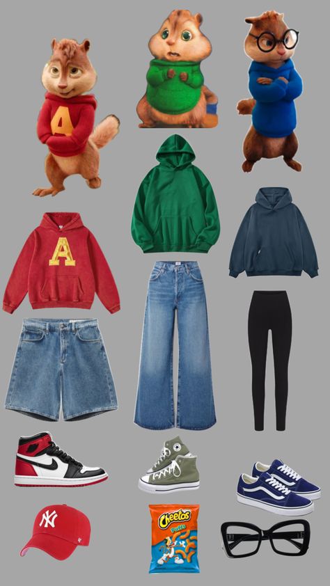 Alvin And The Chipmunks Costume Women, Alvin Und Die Chipmunks, Halloween Inspired Outfits, Fun Halloween Outfits, Cartoon Halloween Costumes, Trio Halloween Costume, Halloween Duos, Kostum Halloween, Couples Halloween Costume Ideas