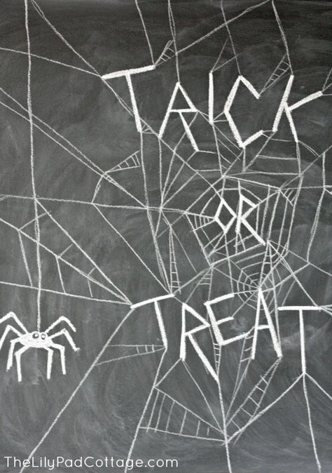 Spider Chalkboard Art, Plastic Pumpkins Crafts, Trick Or Treat Art, Halloween Chalkboard Art, Treat Art, Spooky Spider Web, Lilypad Cottage, Halloween Chalkboard, Chalk Ideas