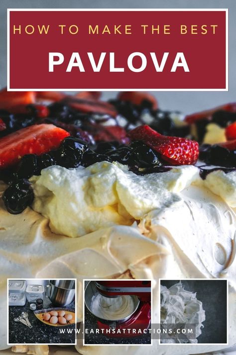 Authentic Pavlova recipe: how to make Pavlova cake. Discover the best New Zealand Pavlova recipe; easy to make and just a few ingredients needed! Discover one of the best Australian desserts - and a great Christmas food to try! #pavlova #newzealand #food #pavlovadish #pavlovacake #dessert #nz #earthsattractions #christmas What Is Pavlova, Berry Pavlova, Australian Desserts, Pavlova Cake, Berry Dessert Recipes, Spoon Fork Bacon, Make Dessert, Meringue Recipe, Pavlova Recipe