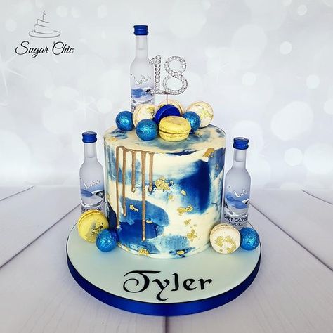 This little 6" cake, was covered with electric blue marble buttercream, edible gold leaf, and Grey Goose vodka bottles. Topped with chocolate truffles and macarons. Blue 21st Birthday Cake, Blue Cakes For Men, 19th Birthday Cake For Boys, Blue 18th Birthday Cake, 18th Birthday Cake Blue, Alcohol Cake Ideas For Men, Blue Cake Ideas For Men, Vodka Birthday Cake, 18th Birthday Cake For Guys