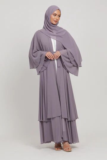 Occasion Abayas: Shop Modest Special Occasion Wear Online Modest Wardrobe, Dusty Lilac, Chiffon Hijab, Open Abaya, Dress Sewing Patterns, Sewing Dresses, Hand Stitched, Occasion Wear, Pop Up