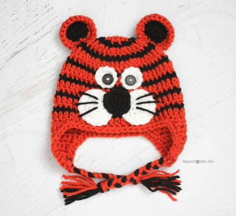 Crochet Tiger Hat Pattern - Repeat Crafter Me Crochet Character Hats, Crochet Animal Hats, Repeat Crafter Me, شال كروشيه, Crochet Kids Hats, Hat Patterns Free, Crocheted Hat, Bonnet Crochet, Crochet Knit Hat