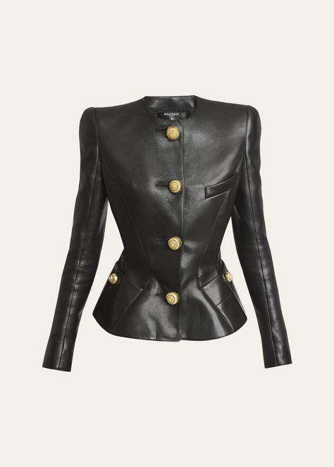 Balmain Lambskin Leather Peplum Jacket Womens Leather Biker Jacket, Balmain Jacket, Leather Peplum, Womens Biker Jacket, Cocktail Jacket, Peplum Jacket, Peplum Hem, Leather Biker Jacket, Jewel Neck