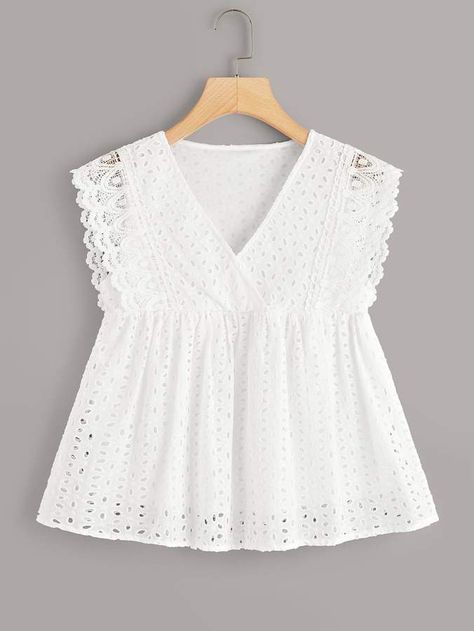 Lace Tank Tops, Babydoll Blouse, Eyelet Embroidery, Middle Age Fashion, 2024 Fashion, Wrap Blouse, Lace Tank Top, Neck Ruffle, Lace Tank