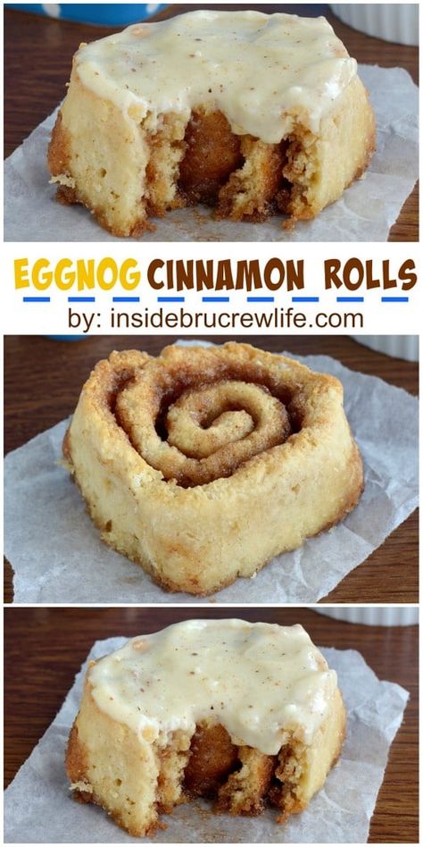 Sweet Roll Filling Ideas, Eggnog Dessert Recipes, Eggnog Cinnamon Rolls, Yeast Cinnamon Rolls, No Yeast Cinnamon Rolls, Eggnog Dessert, Sweet Roll Recipe, Cinnamon Rolls Easy, Eggnog Recipe