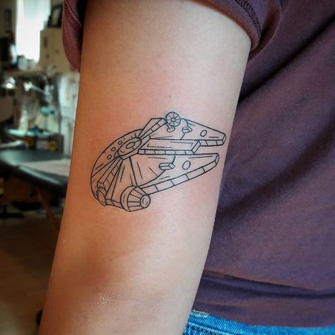 Starwars Line Tattoo, Simplistic Star Wars Tattoo, Starwars Ship Tattoo, Small Millenium Falcon Tattoo, Star Wars Millenium Falcon Tattoo, Millenium Falcon Tattoo Minimalist, Star Wars Patchwork Tattoo, Battle Droid Tattoo, Starwars Tattoo Minimalist