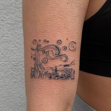 Van Gogh Fine Line Tattoo, Art Student Tattoo, Van Gogh Cypress Tree Tattoo, Tattoo Famous Painting, Tattoos Inspired By Paintings, Tattoos Based On Paintings, Art Inspired Tattoos Famous, 80s Aesthetic Tattoo, Painting Inspired Tattoo