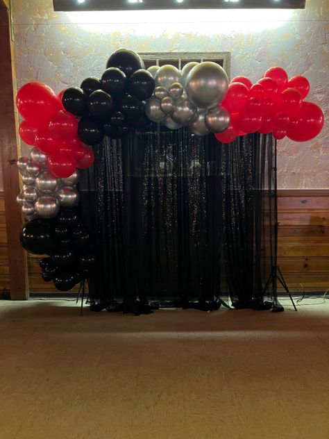 Red Black And White Birthday Party Ideas, Red Black And Silver Party Decoration, Red And Black Graduation Party Ideas, Bling Theme, Prom 2k24, All Black Party, Red Party Decorations, Silver Party Decorations, Red Birthday Party