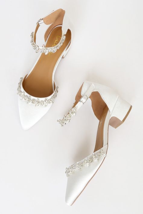 Shoes For The Bride, Wedding Day Outfit, Bridesmaids Shoes, Bridal Shoes Flats, Wedding Vision, Bridal Heels, Bridesmaid Shoes, Rhinestone Heels, Satin Heels