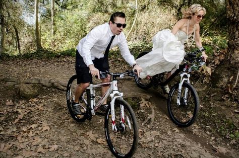 Ashlie & Jeff's trash the dress. Mountain Bike Engagement Photos, Mountain Bike Wedding, Mtb Wedding, Bike Wedding, Bicycle Wedding, Wedding Bun, Wedding Bun Hairstyles, Boat Wedding, Downhill Mountain Biking