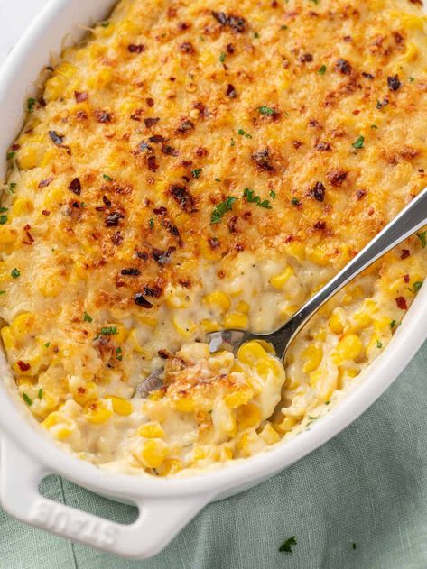 Easy Homemade Creamed Corn Casserole Bake - Cookin' with Mima Corn Thanksgiving Side Dish Healthy, Baked Cream Corn Recipe, Baked Cream Corn, Bisquick Casserole, Corn And Sour Cream, Baked Corn Recipes, Baked Creamed Corn, Best Creamed Corn, Baked Creamed Corn Casserole