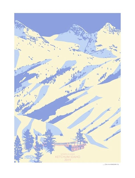 Mitten Art, Vintage Ski Resort, Mountain Landscape Illustration, Skiing Illustration, Lodge Aesthetic, Ketchum Idaho, Skiing Art, Snow Illustration, Vintage Ski Posters