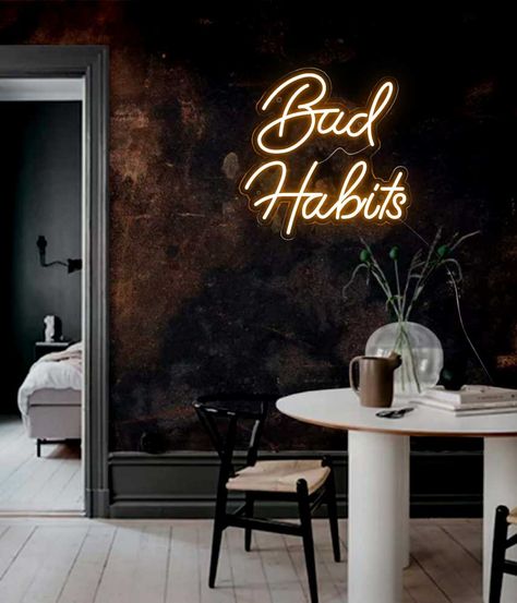 Black Wall Neon Sign, Podcast Studio, Neon Flex, Neon Decor, Set Designs, Black Wall, Neon Lights, Bad Habits, Black Walls