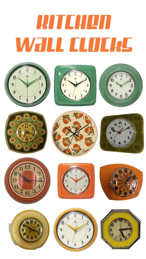 Green Orange Yellow Vintage Retro themed wall clocks 70s Theme, Themed Kitchen, Kitchen Wall Clocks, Kitchen Themes, Retro Kitchen, Wall Clocks, Kitchen Wall, 9 And 10, Wall Clock