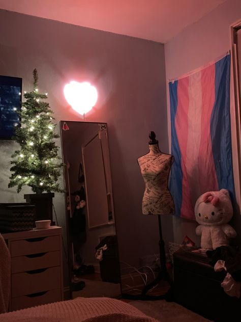 Trans Bedroom, Trans Flag Aesthetic, Pride Bedroom Ideas, Lgbtq Room Ideas, Flags In Bedroom, Flag Room Decor, Gay Room, Alt Room, Room Flags