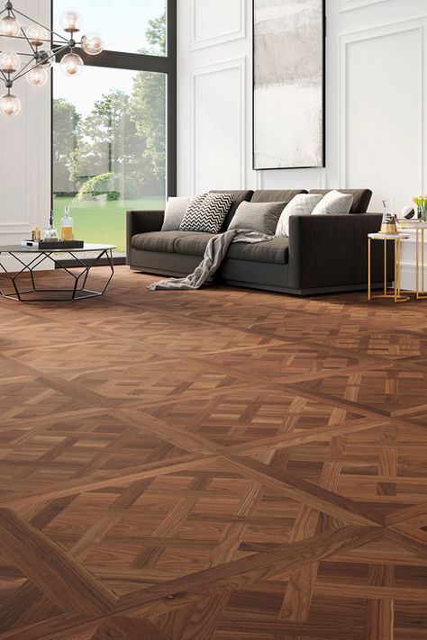 In the 17th century in the Palace of Versailles, it exuded its charm in the famous, world-famous Hall of Mirrors: parquet flooring. But the queen among parquet floors today still cuts a fine figure. And it's anything but old-fashioned. Strong contrasts when choosing the selected living materials are particularly suitable for the modern staging of this noble parquet flooring. Parkay Flooring, Parquet Versailles, Urban Modern Interior Design, Flooring Showroom, Parquetry Floor, Parquet Design, Versailles Pattern, Wood Parquet Flooring, Lake Austin