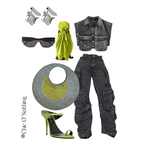 This outfit features a chic and edgy look. It includes a sleeveless, cropped denim vest with a button-down front, paired with high-waisted, black cargo pants that have multiple pockets and a relaxed fit. The accessories add a pop of color and style: - A lime green headscarf. - Statement silver earrings with a modern, abstract design. - Black sunglasses with gold accents. - A large, round woven hat in black, white, and lime green. - Lime green high-heeled sandals. This ensemble combines cas... Green Headscarf, Green Bag Outfit, Cropped Denim Vest, Crop Denim Vest, Woven Hat, Denim Outfits, Green Belt, Jeans Outfits, Black Cargo Pants