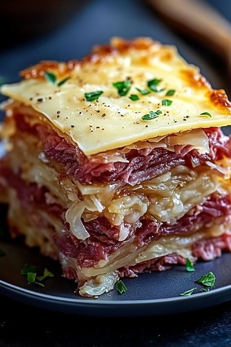 Delicious Reuben Bake Recipe: Corned Beef, Sauerkraut, and Swiss Cheese Rueban Casserole Corned Beef, Sour Kraut Recipes Meals, Pork Tenderloin And Sauerkraut, Sourkrout Meal Ideas, Recipes Using Sauerkraut, Recipe With Sauerkraut, Recipes With Sauerkraut, Baked Sauerkraut, Reuben Bake Recipe