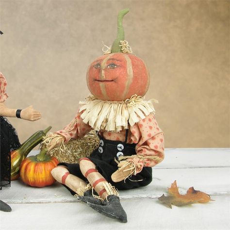 Pierre Halloween Pumpkin Boy • Stuffed fabric pumpkin boy doll with hand painted face. • 19" Tall. • Joe Spencer Halloween. Gathered Traditions. • Pierre looks great paired with Pauline Pumpkin. • Imp Joe Spencer, Country Halloween, Paper Mache Pumpkins, Witch Figurines, Primitive Pumpkin, Painted Faces, Primitive Halloween, Vintage Halloween Decorations, Pumpkin Art