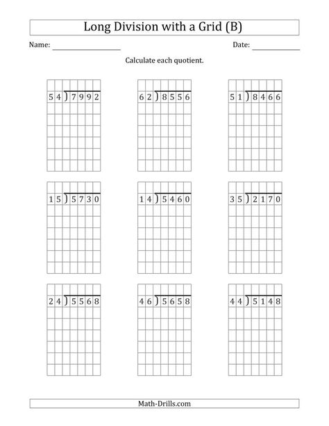 The 4-Digit by 2-Digit Long Division with Grid Assistance and NO Remainders (B) Math Worksheet from the Division Worksheets Page at Math-Drills.com. Division Worksheets Grade 5, Division Worksheets Grade 4, Multiplication And Division Worksheets, Math Division Worksheets, Long Division Worksheets, 5th Grade Worksheets, Math Drills, Long Division, Math Division