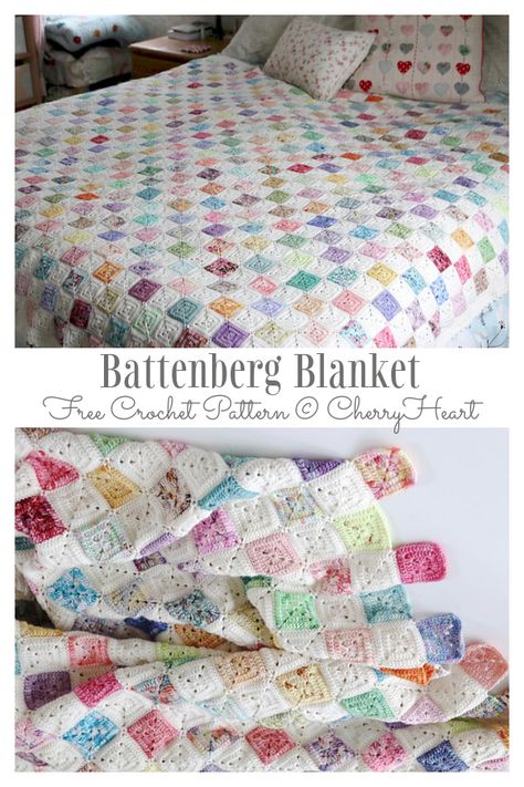 Battenberg Blanket Free Crochet Pattern Battenburg Crochet Blanket Pattern, Knit Blanket Squares Block Patterns, Battenberg Blanket, Heart Blanket Crochet Pattern, Yarn Projects Crochet, Crochet Blanket Border, Knitted Blanket Squares, Crochet Dreams, Granny Style