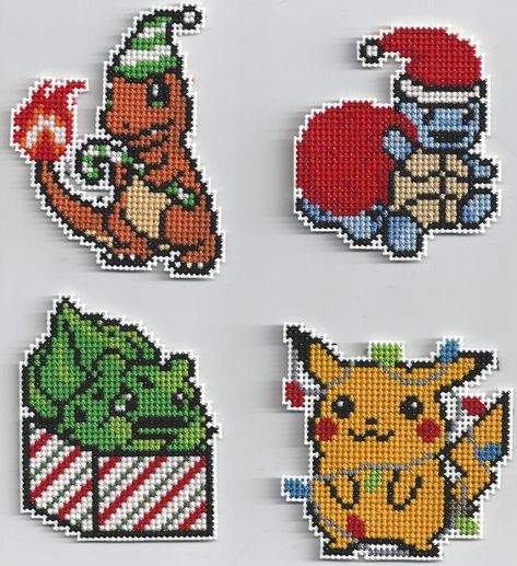 Christmas Pokemon - Cross Stitch by xxEmofoxdemonxx.deviantart.com on @DeviantArt Cute Christmas Cross Stitch, Geek Christmas Decorations, Plastic Canvas Pikachu Pattern, Mini Pokemon Cross Stitch Patterns, Christmas Pokemon Cross Stitch, Mario Christmas Cross Stitch, Pokemon Christmas Ornaments, Blastoise Cross Stitch, Christmas Pokemon