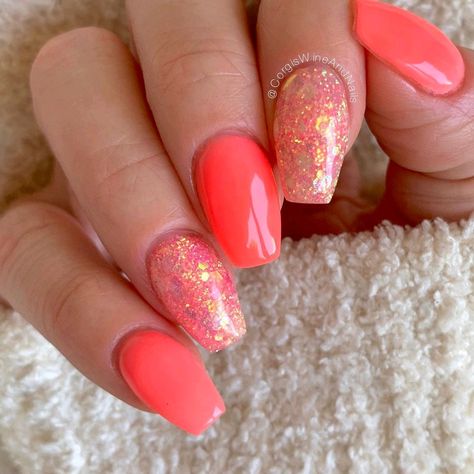 Bright Nails With Glitter, Sparkly Coral Nails, Bright Coral Nails With Glitter, Coral Prom Nails, Bright Summer Acrylic Nails Glitter, Coral Nails With Design Summer Sparkle, Bright Nail Ideas Neon, Coral Nails With Glitter, Anytime Nails