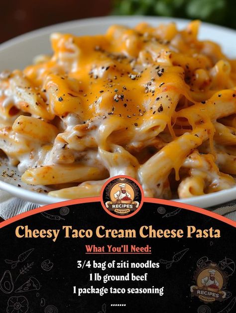 Tasty Recipes Cheesy Taco Pasta Recipe, Cheesy Taco Cream Cheese Pasta, Taco Pasta With Cream Cheese, Cheese Taco Pasta, Ziti Noodles, Cheesy Taco Pasta, Taco Pasta Recipes, Cheese Taco, Cream Cheese Pasta