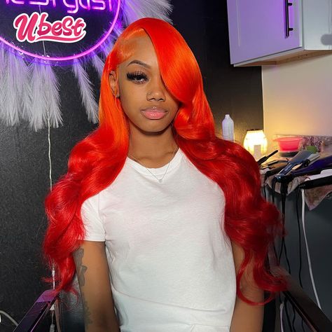 Tangerine Red 613 Colored 13X6 Body Wave Transparent Lace Front Wigs 100％ Human Hair 200％ Density Side Part Frontal Wig, Frontal Styles, Wigs Hairstyles, Teenage Hairstyles, Color Wigs, Glamour Hair, Frontal Wig Hairstyles, Cute Hair Colors, Creative Hair Color