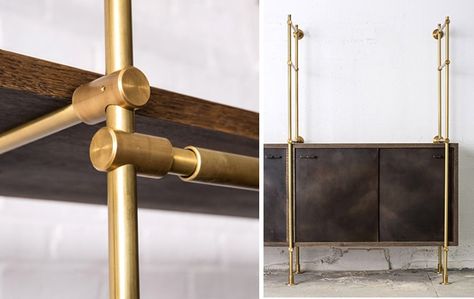 Storage/Furniture: Brass Shelving from Amuneal Shelves Brackets, Brass Shelving, Hook Shelf, Industrial Pipe Shelves, Joinery Details, American Street, Shelf System, Pipe Furniture, Pipe Shelves