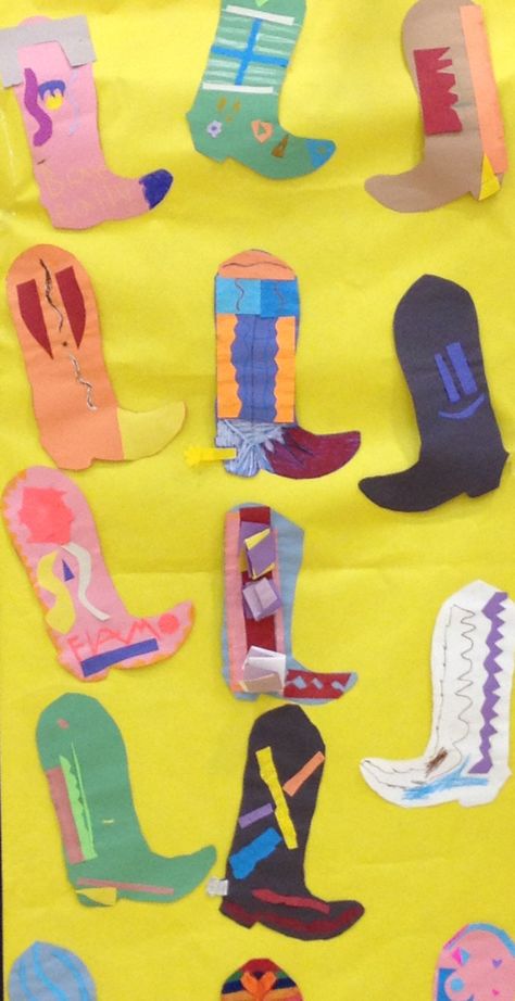 Cowboy boot pop art for hoedown Western Day Preschool Activities, Cowboy Arts And Crafts For Kids, Western Crafts For Preschoolers, Cowboy Day At School, Cowboy Boots Craft, Cowboy Boot Crafts Preschool, Western Art Projects For Kids, Western Art Projects, Cowboy Activities