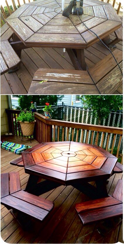 Refinished picnic table Circle Picnic Table, Wooden Picnic Table Ideas, Picnic Table Patio Ideas, Resin Picnic Table, Picnic Table Ideas, Octagon Picnic Table Plans, Picnic Table Makeover, Octagon Picnic Table, Build A Picnic Table