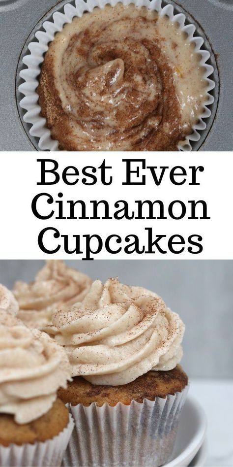 These are the best cinnamon cupcakes ever They have a cinnamon swirl in the cupcake and delicious cinnamon cream cheese frosting. Birthday Cupcake Recipes, Cinnamon Cupcakes Recipe, Cinnamon Swirl Cupcakes, Tooth Cupcakes, Desserts In A Cup, Cinnamon Roll Cupcakes, Homemade Cupcake Recipes, Cupcake Recipes From Scratch, Cinnamon Cupcakes