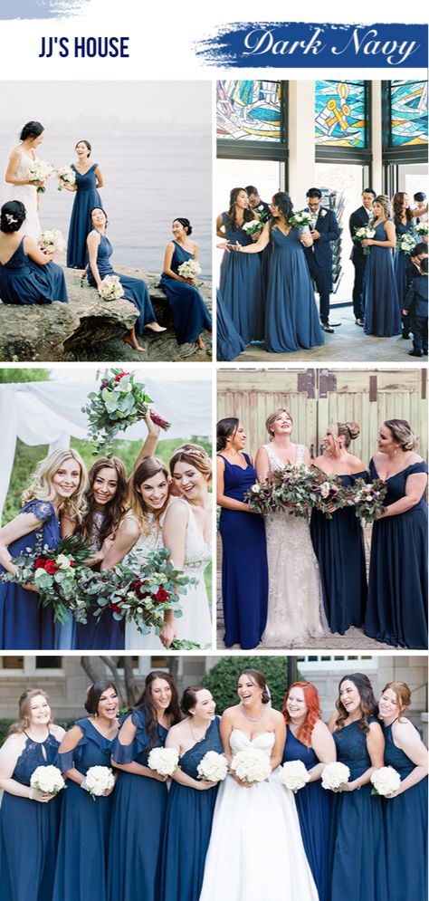 The classic dark navy hue is the perfect color that will work at any time of the year. Let your bridesmaid be your something blue by wearing warm, soft and elegant dark blue dresses. This fresh tone will set an elegant and romantic atmosphere on your big day. Click on the picture to see all JJ's House Dark Navy bridesmaid dresses! #JJsHouse #jjshouseofficial #DarkNavyBridesmaidDresses #WeddingInspiration #BirdesmaidInspiration #WinterWedding #FallWedding #SpringWedding #SummerWedding Dark Blue Tux, Dark Blue Dresses, Bridesmaid Color Palette, Dark Navy Bridesmaid Dress, Dark Blue Bridesmaid Dresses, Bridesmaid Color, Blue Tux, Bridesmaid Pictures, Dark Navy Bridesmaid Dresses