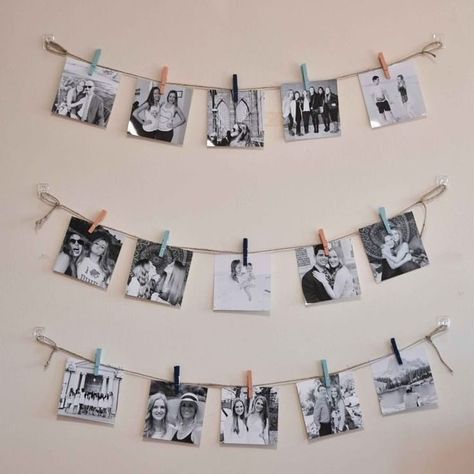 Hanging Pictures On String, Photo Decorating Ideas, Polaroid Room, Polaroid Wall Decor, Engagement Party Centerpieces, Hanging Pictures On The Wall, Collage Photo Frame Design, Diy Photo Display, Daycare Decor