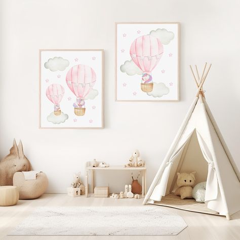 Perfect piece of art for your baby’s nursery or child’s bedroom. Designed with love. #printable #nursery #nurserywallart #nurserydecor #nurseryprints #nurseryartprint #printablewallart #wallart #SHdesigns Pink Hot Air Balloon, Adventure Theme Nursery, Beige Nursery, Baby Room Prints, Kids Printable Art, Clouds And Stars, Blue Nursery Decor, Hot Air Balloon Nursery, Unicorn Nursery