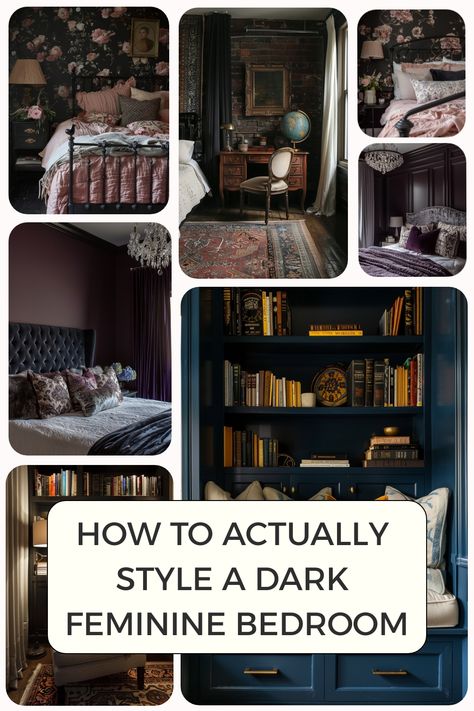 A collage of elegantly styled dark feminine bedrooms with floral and vintage decor, featuring bold colors and lush textures. Dark Academia Headboard, Women's Bedroom Ideas Aesthetic, Moody Feminine Bedroom, Dark Minimalist Aesthetic, Goth Bedroom Aesthetic, Bedroom Niche, Dark Academia Bedroom Ideas, Dark Feminine Bedroom, Dark Academia Bedroom