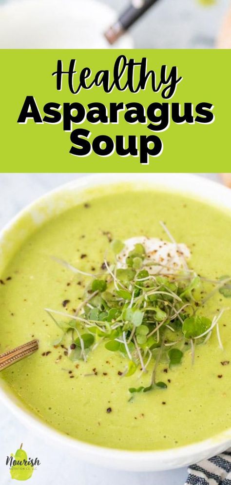 This healthy creamy asparagus soup is delicious, easy, and made with Greek yogurt instead of cream. With your full-fat Greek yogurt, you'll get that delicious & silky creaminess, you'll get probiotics that are great for your gut and overall health, and you'll also get uber satisfying and actually not-bad-for you milk fat. Along with some healthy fats, this soup is chock-full of delicious spring asparagus. Soup For One, Healthy Asparagus, Creamy Asparagus Soup, Spring Soups, Creamy Asparagus, Quick Pasta Recipes, Pumpkin Chili, Pureed Soup, Single Serving Recipes