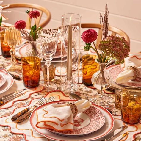 MM Autumn 70s Tablescape, Colorful Thanksgiving Table, Anthropologie Tablescape, Thanksgiving Table Scapes, Clementine Orange, Embroidered Placemats, Hand Painted Candle Holders, Green Candle Holders, Thanksgiving 2024