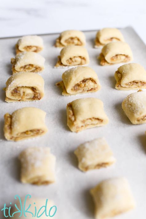 Walnut Rugelach Recipe Walnut Filling For Kolachky, Rugala Cookie Recipe, Rugalech Recipes, Cinnamon Cobbler, Fancy Pastry, Walnut Roll, Rugelach Cookies, Rugelach Recipe, Danish Recipes