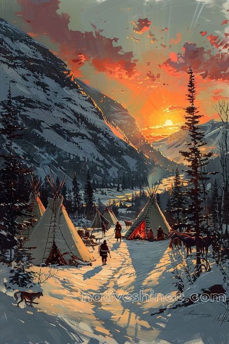 Pink And Orange Sky, Snowy Valley, Burning Inside, Native American Village, Snowy Landscape, Orange Sky, Native American Heritage, Winter Camping, Setting Sun