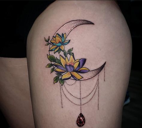 Roses/lotus/violet/iris Tattoo, Purple Lotus Tattoo, Small Watercolor Tattoo, Crescent Moon Tattoo, Purple Tattoos, Crystal Tattoo, Narcissus Flower, Blue Tattoo, Lotus Tattoo