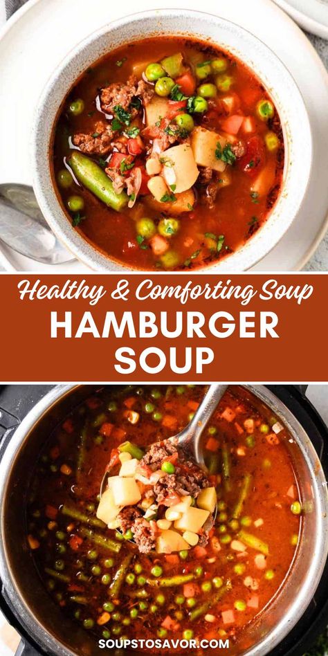 Discover the perfect blend of health and comfort with this Instant Pot Hamburger Soup. Loaded with wholesome ingredients like lean beef and mixed veggies, this soup offers a satisfying meal without the guilt. The Instant Pot makes preparation a breeze, delivering rich flavors in a fraction of the time. Ideal for family dinners or meal prep, this recipe is a must-try. Check out the full recipe now! #HealthyComfortFood #HamburgerSoup Instant Pot Hamburger Soup Recipes, Instant Pot Hamburger Soup, Instant Pot Vegetable Beef Soup, Instapot Soup Recipes, Hamburger Potato Soup, Protein Soups, Navy Bean Soup, Mixed Veggies, Beef Soup Recipes