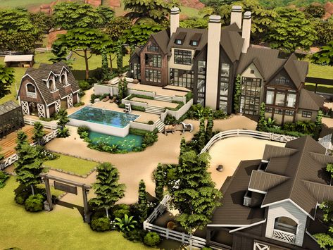 Homes Sims 4, House With Stables, Rich Neighborhood, No Cc Sims, Luxury Ranch House Plans, Modern Ranch Style Homes, Sims 4 Modern House, Modern Ranch House, The Sims 4 Lots