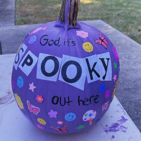 Purple pumpkin with words “god, it’s spooky out here” with Olivia Rodrigo stickers Cute Painted Pumpkin Ideas, Halloween Pumpkin Crafts, Creative Pumpkin Painting, Creative Pumpkin Decorating, Cute Pumpkin Carving, Pumkin Carving, Halloween Pumpkin Carving Stencils, Creative Pumpkin Carving, Hallowen Ideas