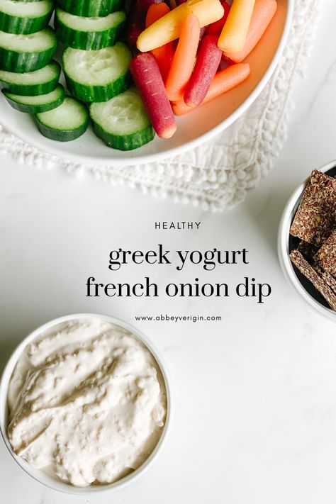 A high protein, healthy greek yogurt french onion dip. Healthy Ranch, High Protein Snack Recipes, Paleo Condiments, Healthy Greek Yogurt, French Onion Dip, Salad Dressing Recipes Homemade, Protein Snack, Condiment Recipes, Onion Dip