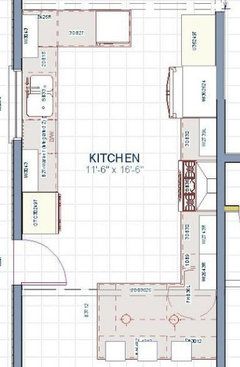 Newbie here...'Double L' kitchen layout? Kitchen Layout With Exterior Door, 4 Wall Kitchen Layout, Small Kitchen Ideas Double Galley, 12x16 Kitchen Layout Floor Plans, Double L Kitchen Layout, Three Wall Kitchen Layout, Double L Kitchen, Kitchen Layout Double Galley, Restaurant Kitchen Layout Plan