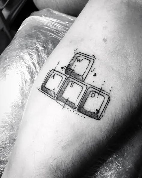 Computer Related Tattoos, Wasd Gamer Tattoo, Pc Tattoo Ideas, Pc Gaming Tattoo, Gaming Tatoos Ideas, Tattoo For Gamers, Gamer Tattoo Sleeve, Gaming Flash Tattoo, Small Gaming Tattoo