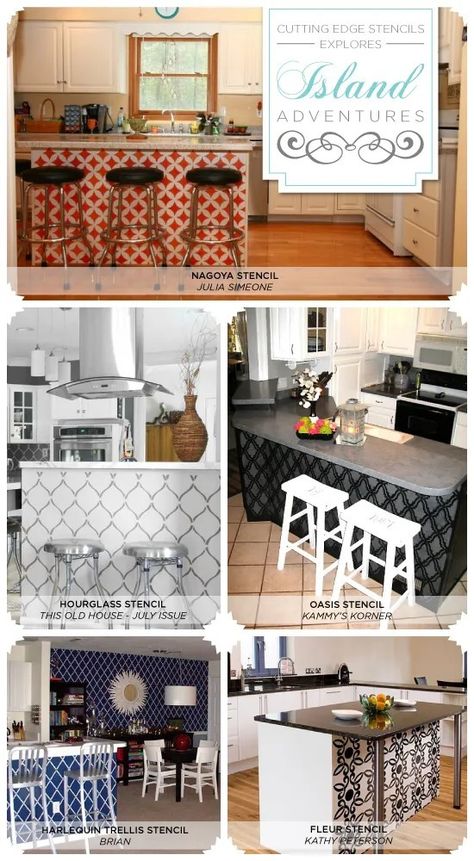 Wallpaper Island Kitchen, Wallpaper On Kitchen Island, Wallpaper Kitchen Island, Kitchen Island And Breakfast Nook, Small Space Cabinet, Furniture Stencil, Kitchen Peninsula, Kitchen Island Plans, Painted Patterns