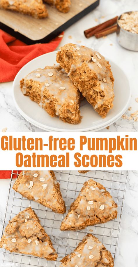 These gluten-free Pumpkin Oatmeal Scones are a healthier and fun twist on classic scones, Fall style. They're made with pumpkin puree, pumpkin pie spices, and instant/quick cooking oats. Topped with a vanilla glaze, they're great for weekend breakfast, brunch, or even a light treat! Paleo Fall Recipes, Gluten Free Overnight Oats, Classic Scones, Puree Pumpkin, Oatmeal Scones, Oat Scones, Pumpkin Scones Recipe, Easy Breakfast Smoothies, Scones Ingredients